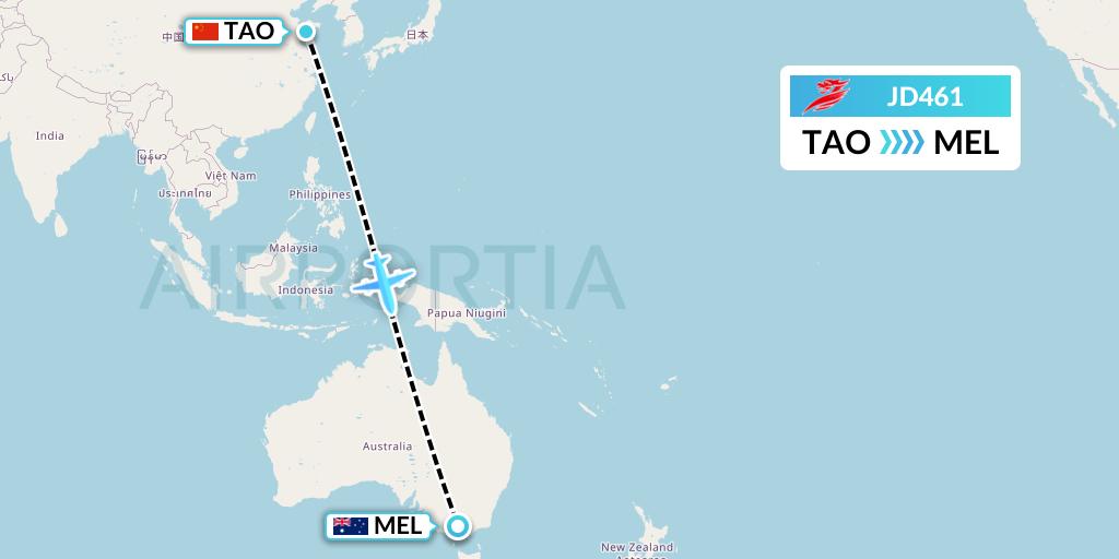 JD461 Capital Airlines Flight Map: Qingdao to Melbourne