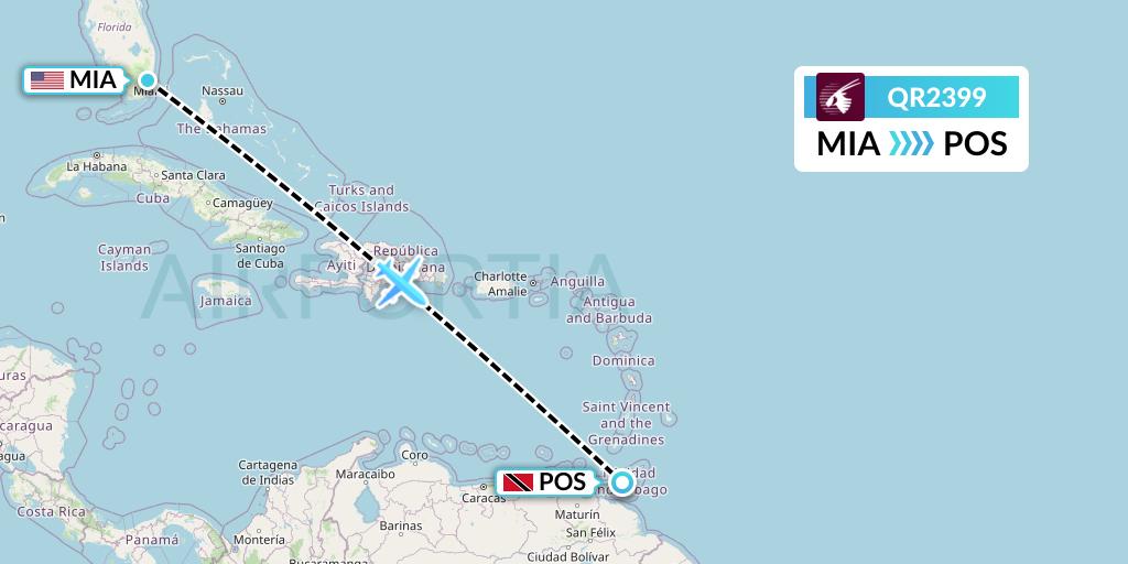 QR2399 Qatar Airways Flight Map: Miami to Port of Spain