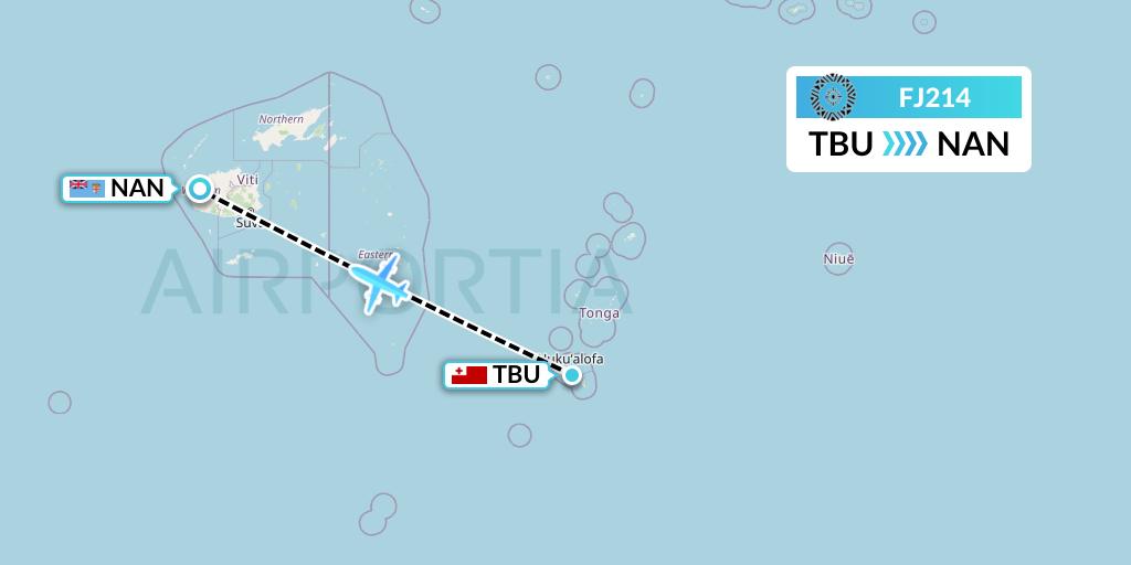 FJ214 Fiji Airways Flight Map: Tongatapu to Nadi
