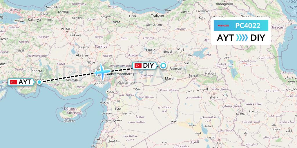 PC4022 Pegasus Airlines Flight Map: Antalya to Diyarbakir