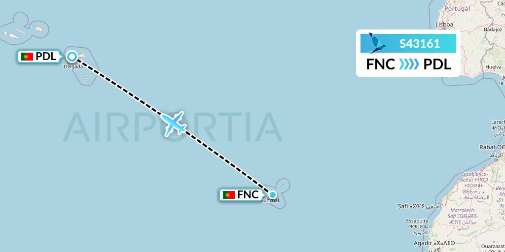 S43161 Azores Airlines Flight Map: Funchal to Ponta Delgada