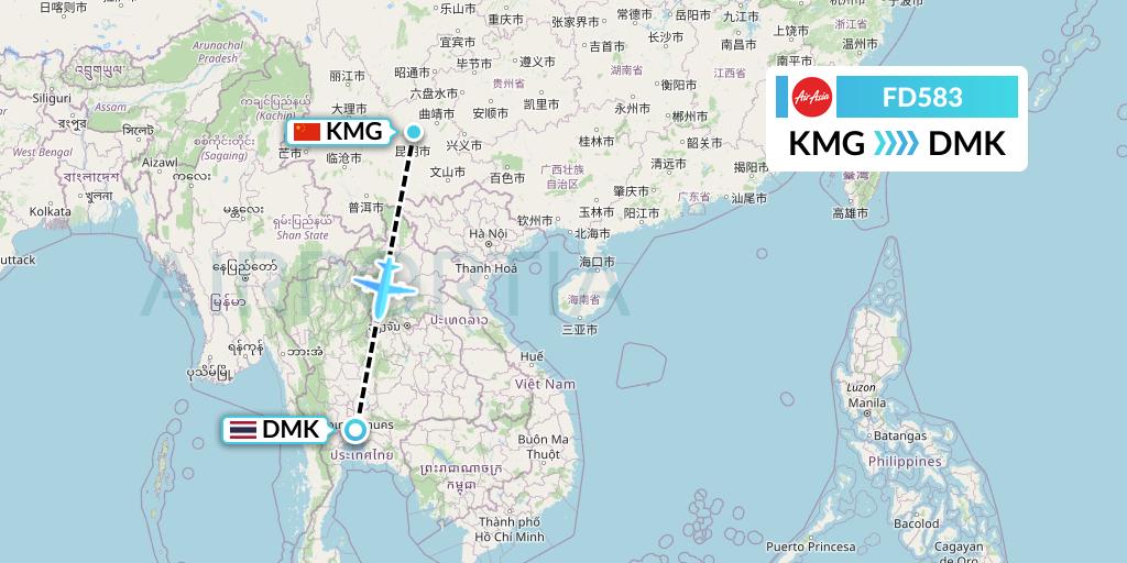 FD583 Thai AirAsia Flight Map: Kunming to Bangkok