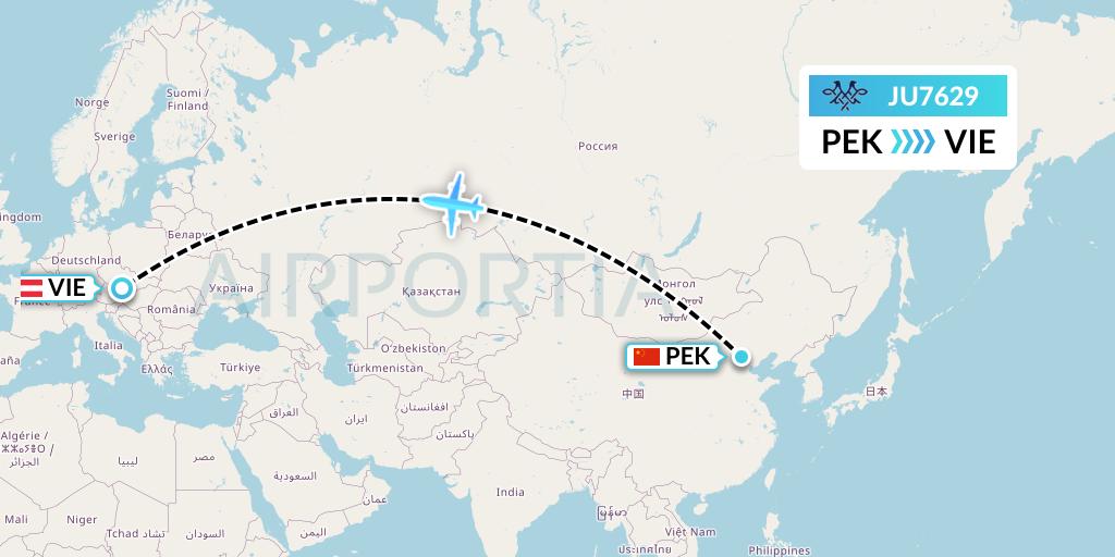 JU7629 AirSERBIA Flight Map: Beijing to Vienna