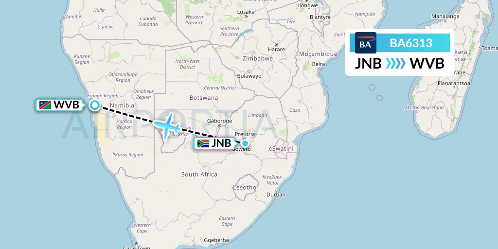 BA6313 British Airways Flight Map: Johannesburg to Walvis Bay