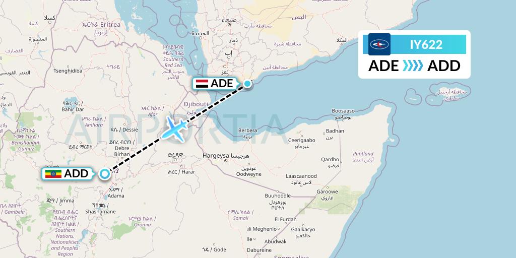 IY622 Yemenia Flight Map: Aden to Addis Ababa