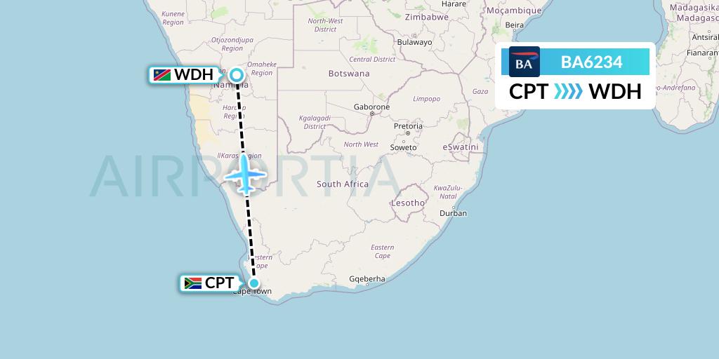 BA6234 British Airways Flight Map: Cape Town to Windhoek