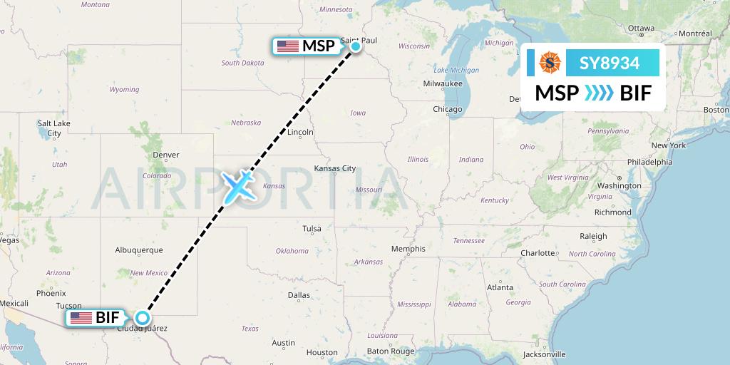 SY8934 Sun Country Airlines Flight Map: Minneapolis to Fort Bliss-El Paso