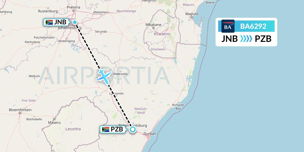 BA6292 British Airways Flight Map: Johannesburg to Pietermaritzburg