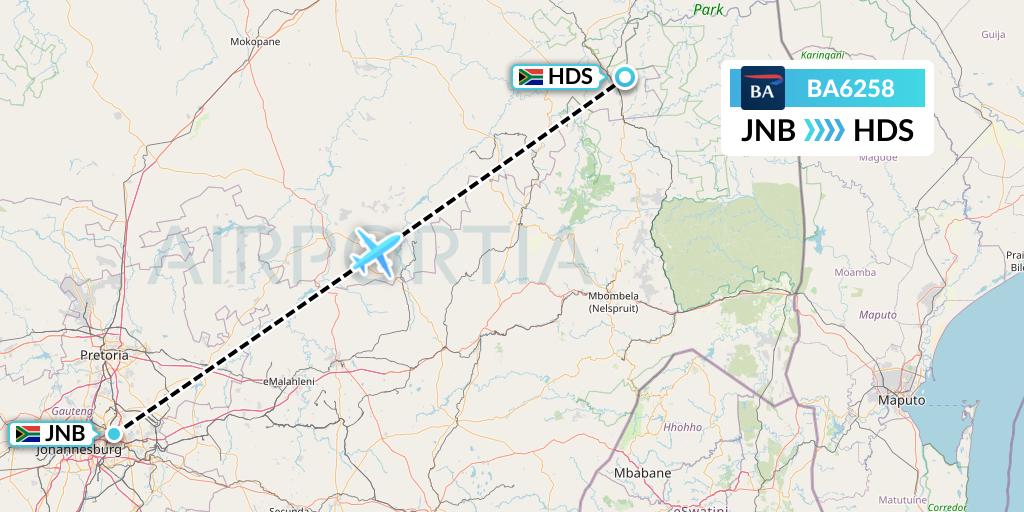 BA6258 British Airways Flight Map: Johannesburg to Hoedspruit