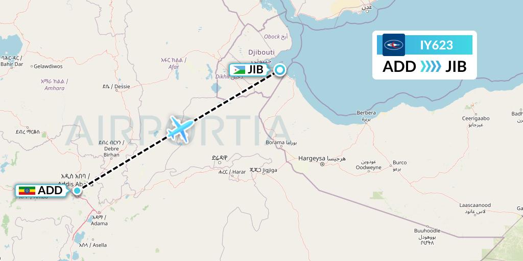 IY623 Yemenia Flight Map: Addis Ababa to Djibouti