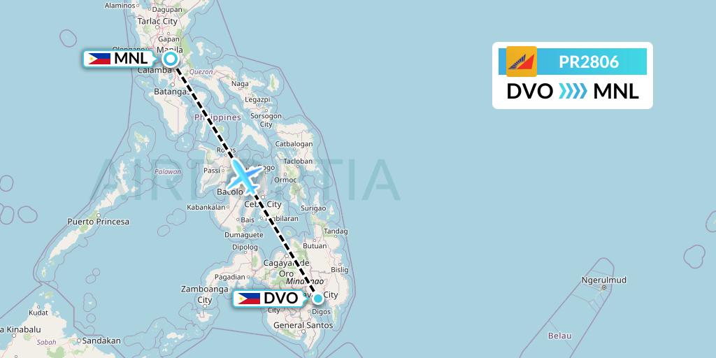 PR2806 Philippine Airlines Flight Map: Davao City to Manila