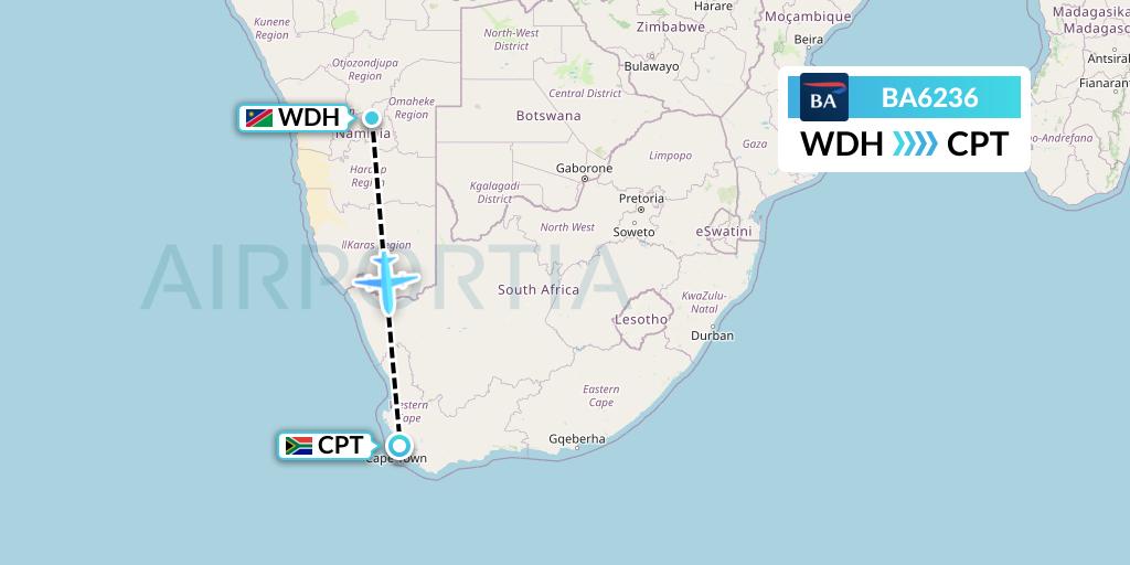 BA6236 British Airways Flight Map: Windhoek to Cape Town