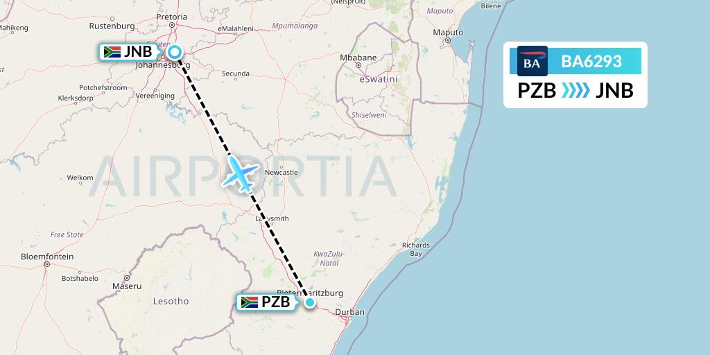 BA6293 British Airways Flight Map: Pietermaritzburg to Johannesburg