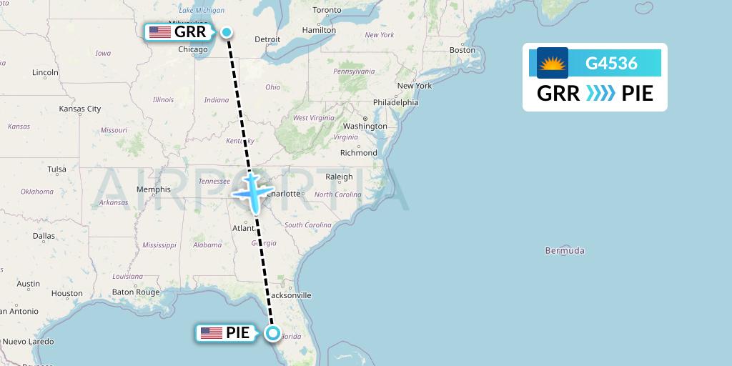 G4536 Allegiant Air Flight Map: Grand Rapids to St. Petersburg