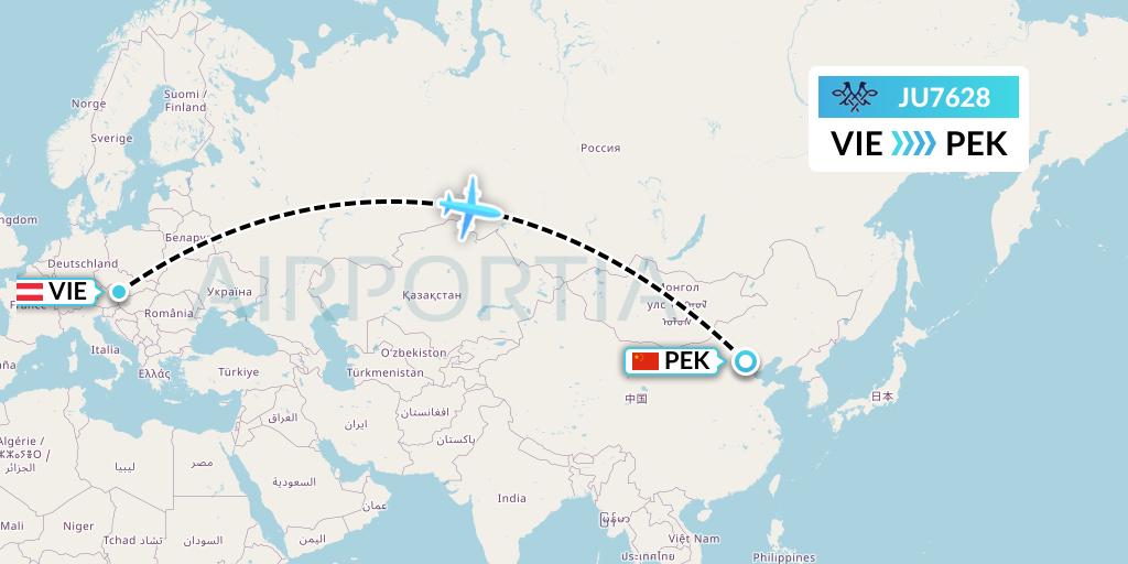 JU7628 AirSERBIA Flight Map: Vienna to Beijing