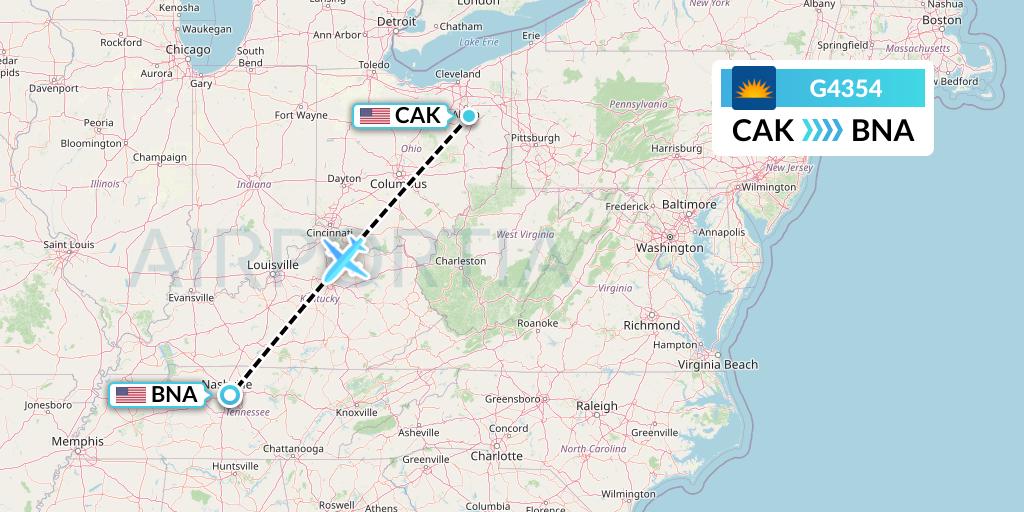 G4354 Allegiant Air Flight Map: Akron to Nashville