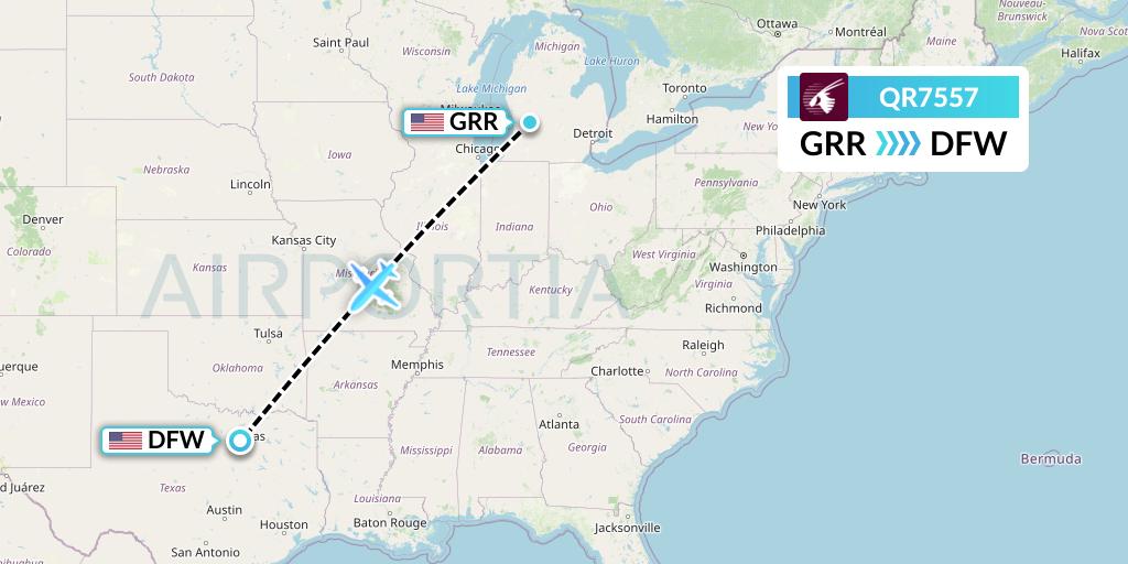QR7557 Qatar Airways Flight Map: Grand Rapids to Dallas