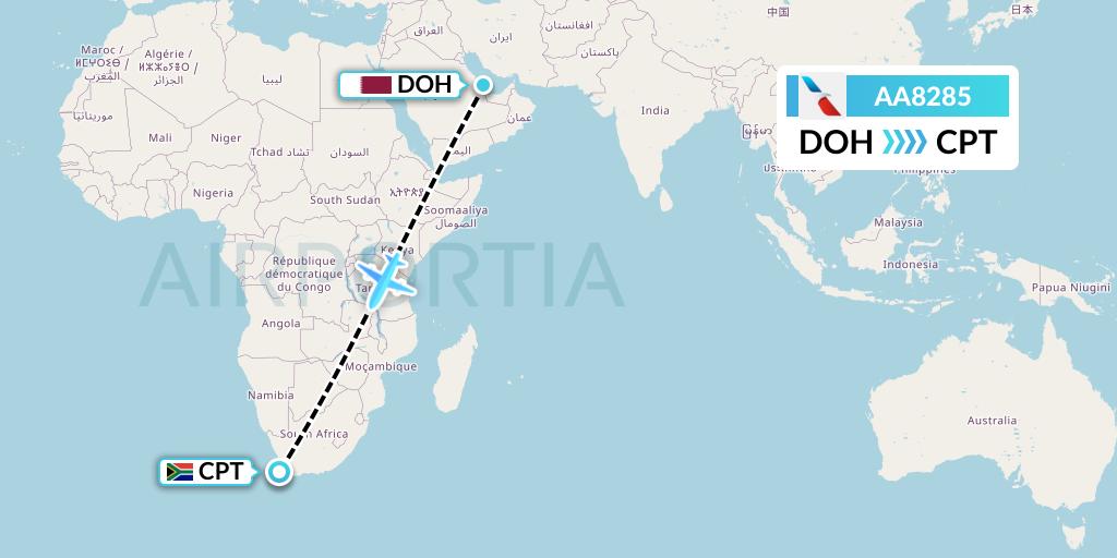 AA8285 American Airlines Flight Map: Doha to Cape Town