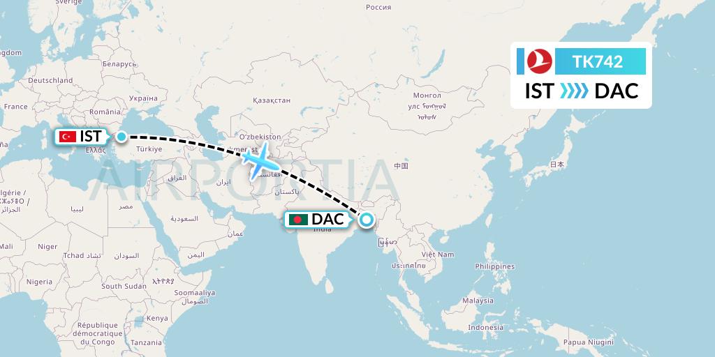 TK742 Turkish Airlines Flight Map: Istanbul to Dhaka