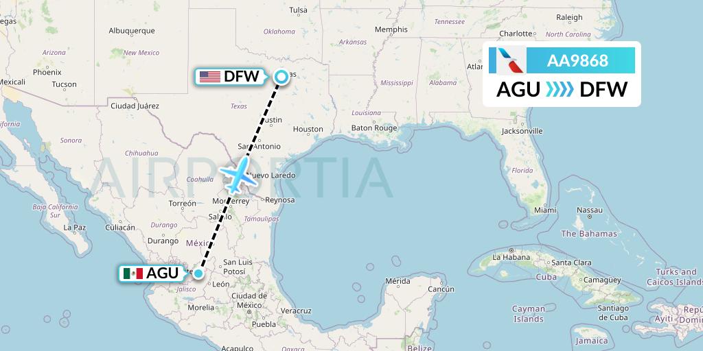 AA9868 American Airlines Flight Map: Aguascalientes to Dallas