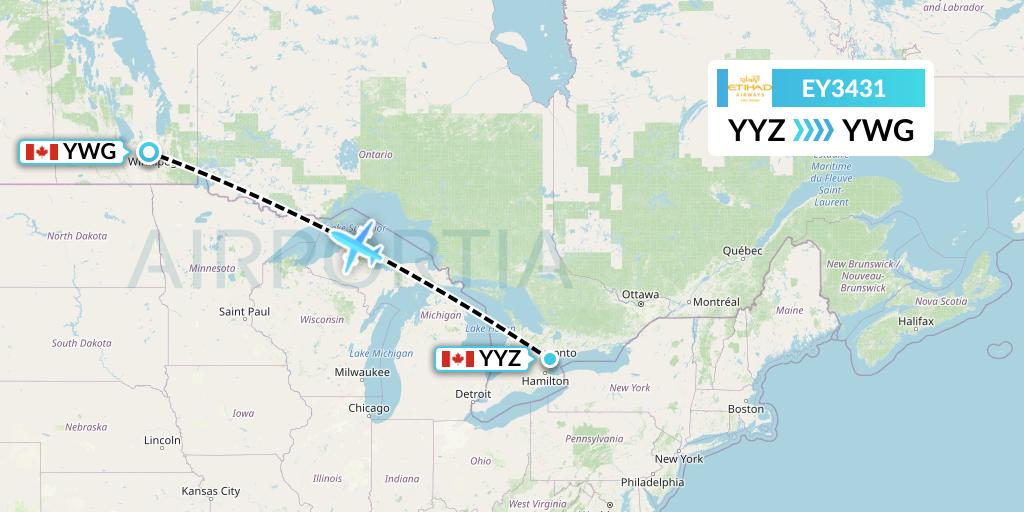 EY3431 Etihad Airways Flight Map: Toronto to Winnipeg