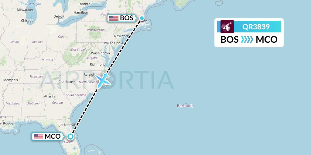 QR3839 Qatar Airways Flight Map: Boston to Orlando