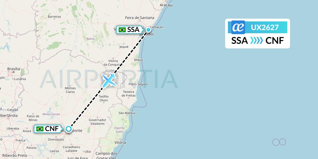 UX2627 Air Europa Flight Map: Salvador to Belo Horizonte