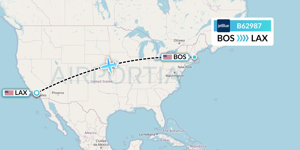 B62987 JetBlue Airways Flight Map: Boston to Los Angeles