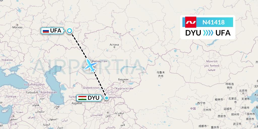 N41418 Nordwind Airlines Flight Map: Dushanbe to Ufa