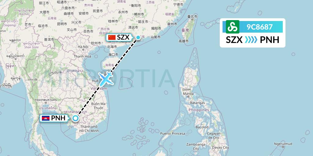 9C8687 Spring Airlines Flight Map: Shenzhen to Phnom Penh