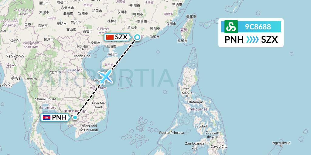 9C8688 Spring Airlines Flight Map: Phnom Penh to Shenzhen