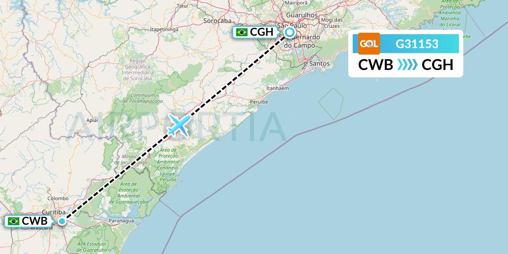 G31153 GOL Transportes Aeros Flight Map: Curitiba to Sao Paulo