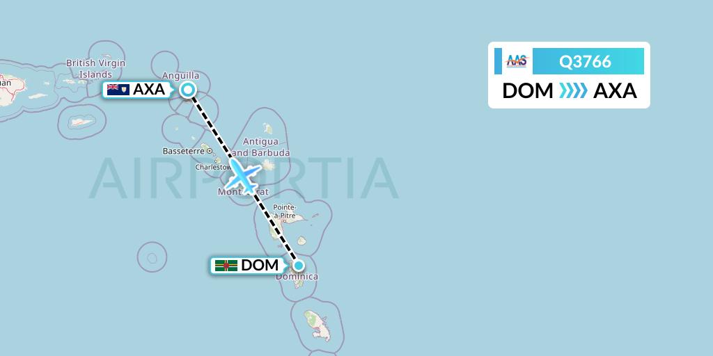 Q3766 Anguilla Air Services Flight Map: Dominica to The Valley