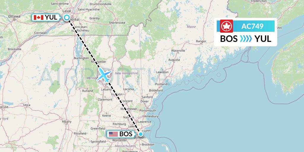 AC749 Air Canada Flight Map: Boston to Montreal