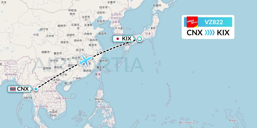VZ822 Thai Vietjet Air Flight Map: Chiang Mai to Osaka