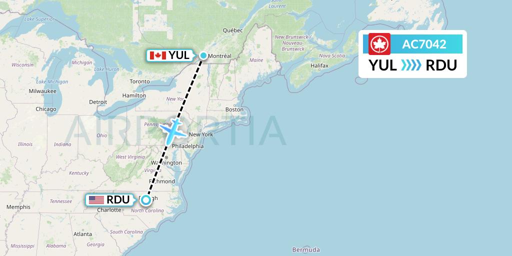AC7042 Air Canada Flight Map: Montreal to Raleigh-Durham