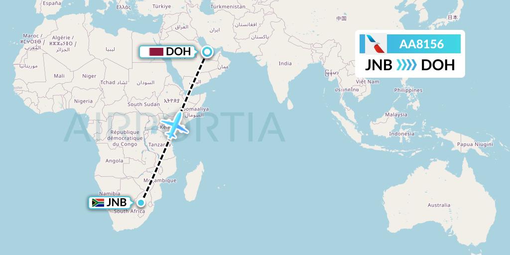 AA8156 American Airlines Flight Map: Johannesburg to Doha