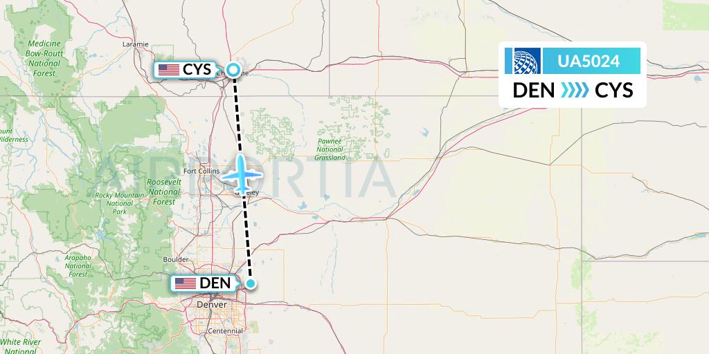 UA5024 United Airlines Flight Map: Denver to Cheyenne