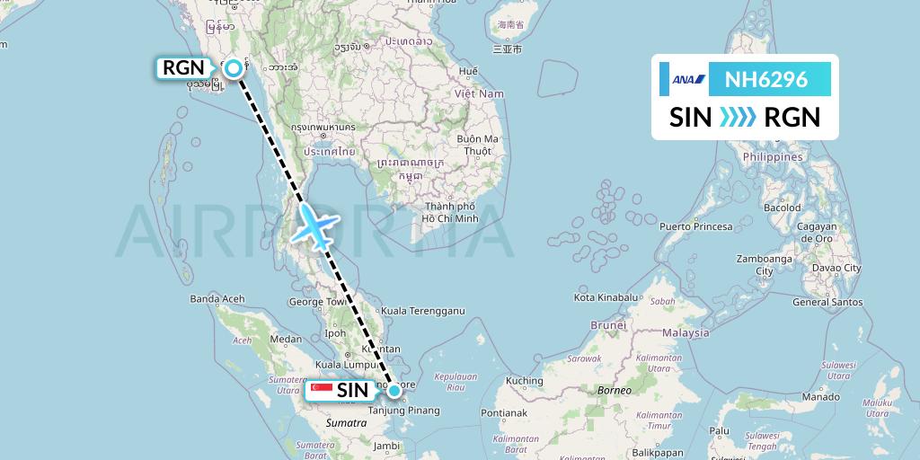 NH6296 All Nippon Airways Flight Map: Singapore to Yangon