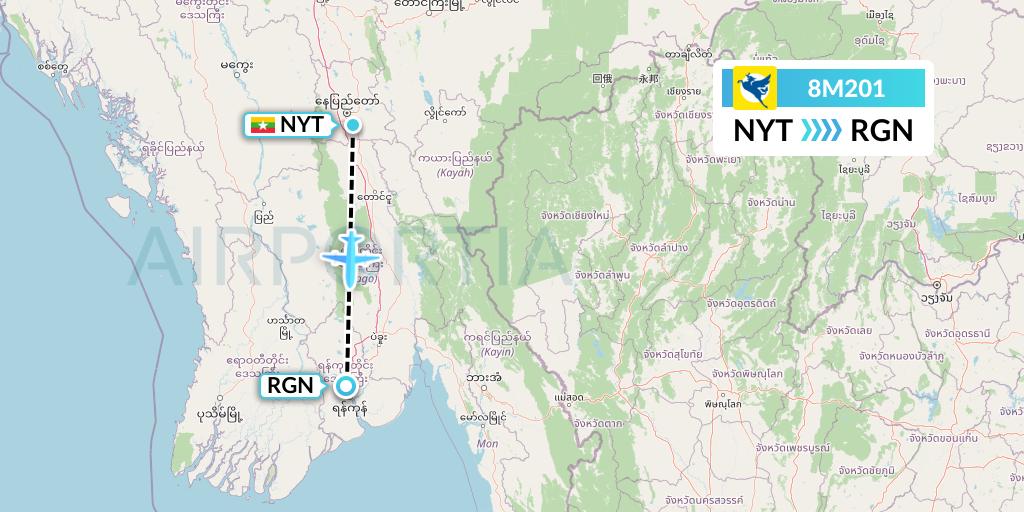 8M201 Myanmar Airways International Flight Map: Naypyidaw to Yangon