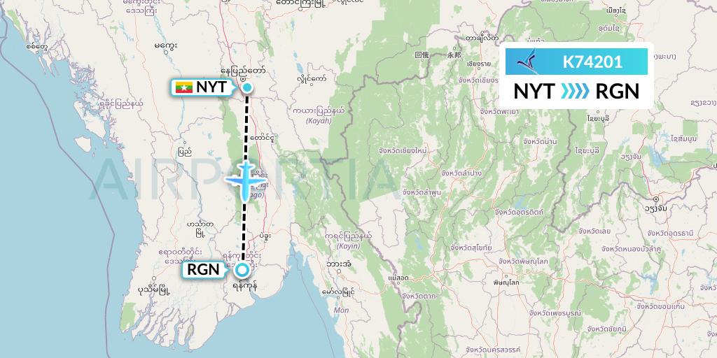K74201 Air KBZ Flight Map: Naypyidaw to Yangon