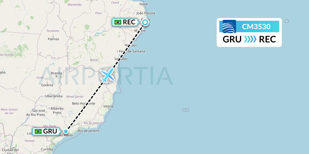 CM3530 Copa Airlines Flight Map: Sao Paulo to Recife