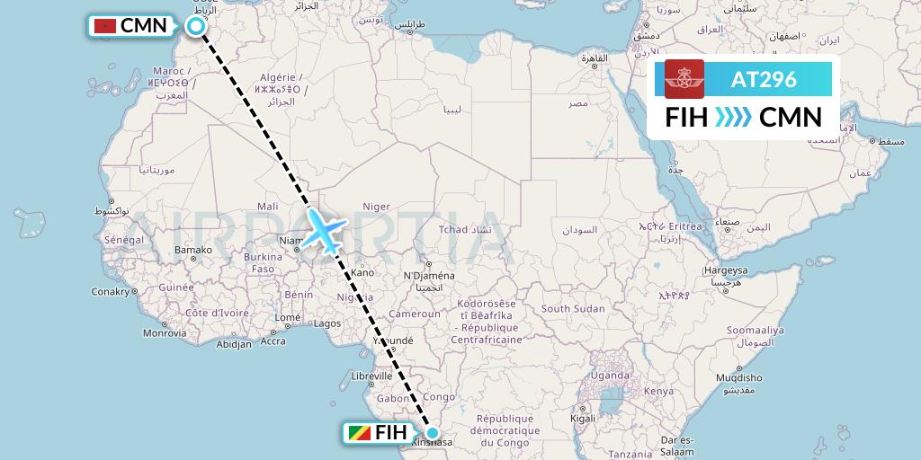 AT296 Royal Air Maroc Flight Map: Kinshasa to Casablanca