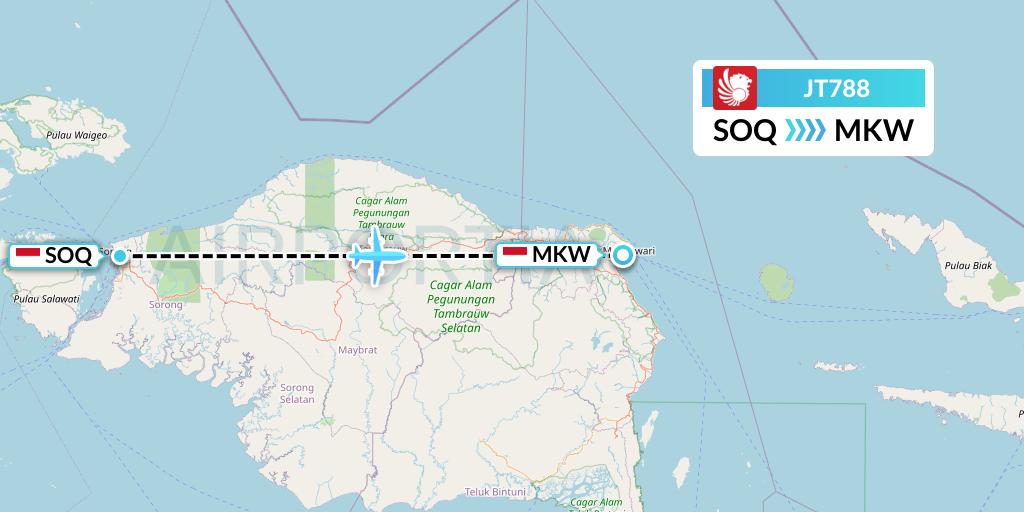 JT788 Lion Airlines Flight Map: Sorong to Manokwari