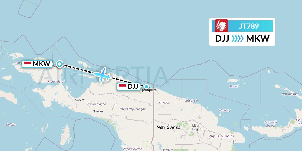 JT789 Lion Airlines Flight Map: Jayapura to Manokwari