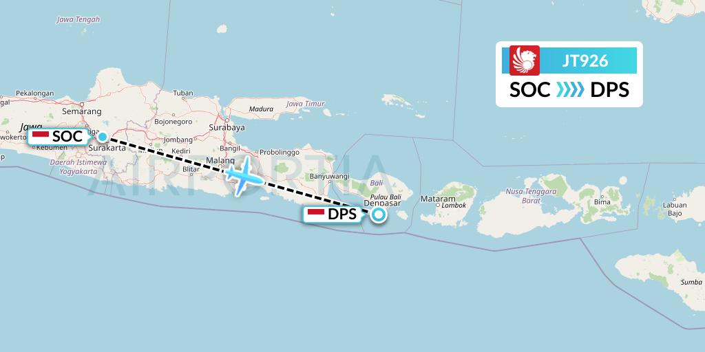 JT926 Lion Airlines Flight Map: Surakarta to Denpasar