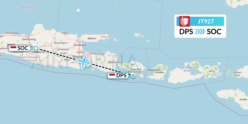 JT927 Lion Airlines Flight Map: Denpasar to Surakarta