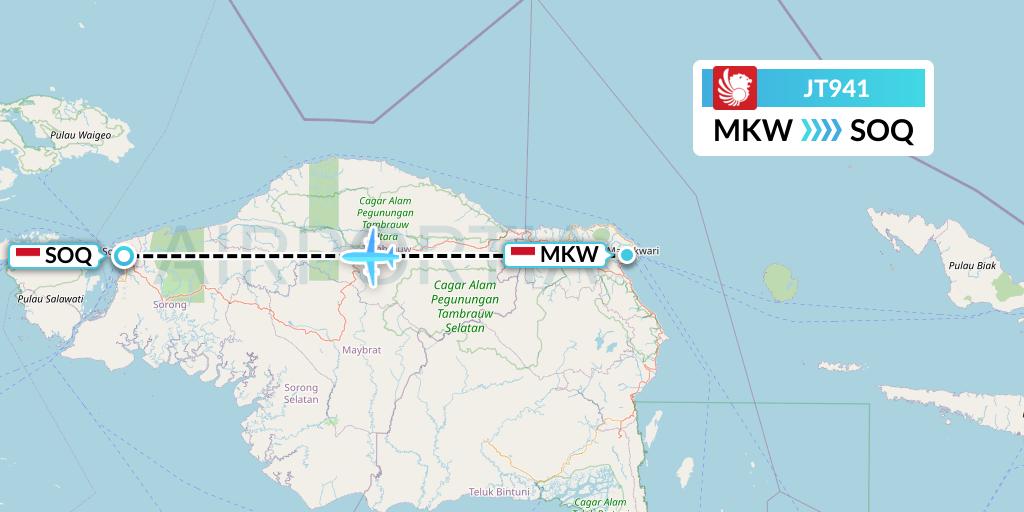 JT941 Lion Airlines Flight Map: Manokwari to Sorong