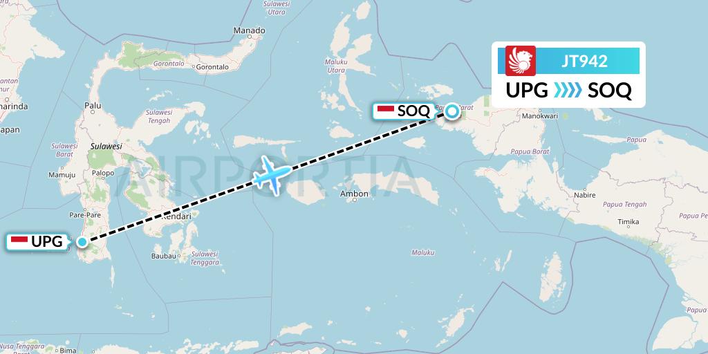 JT942 Lion Airlines Flight Map: Makassar to Sorong