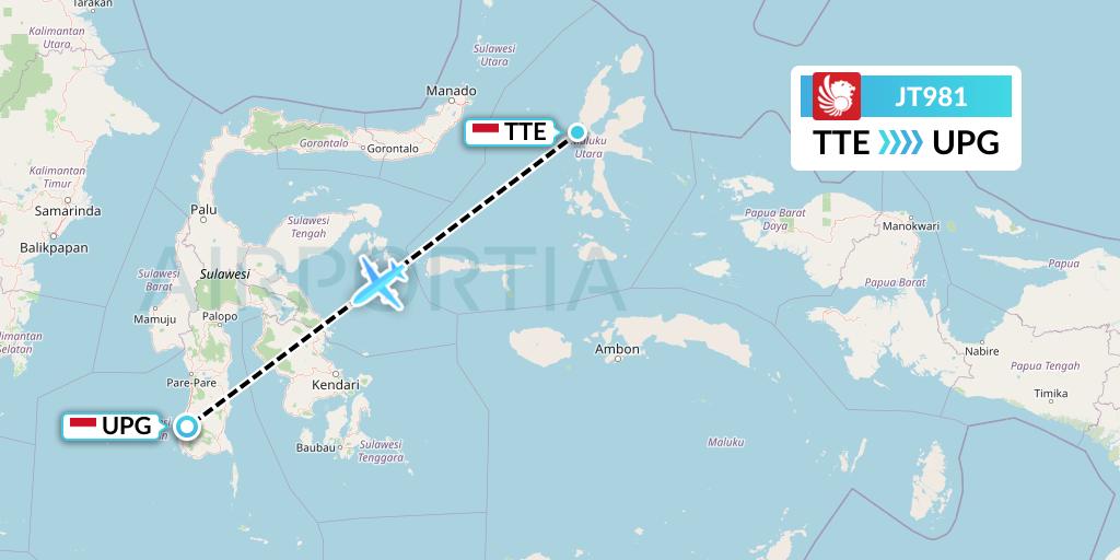 JT981 Lion Airlines Flight Map: Ternate to Makassar
